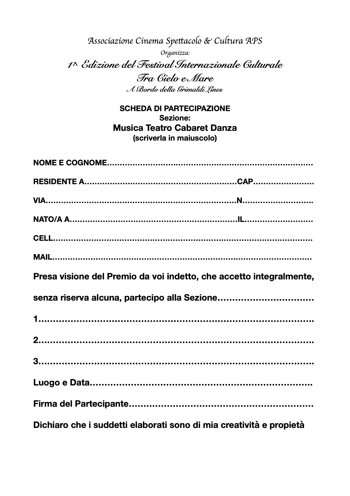 Tra Cielo e Mare 1^ Edizione Festival Internazionale Culturale