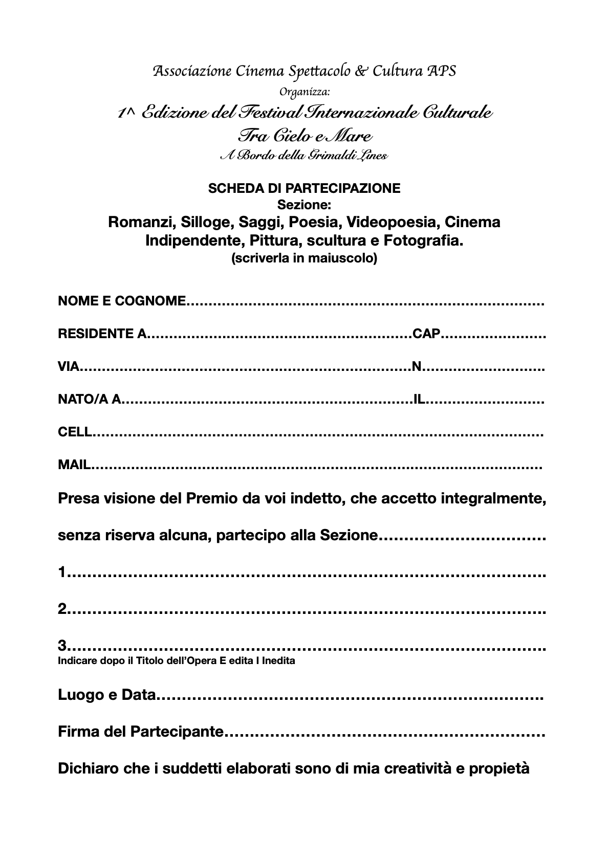 Tra Cielo e Mare 1^ Edizione Festival Internazionale Culturale