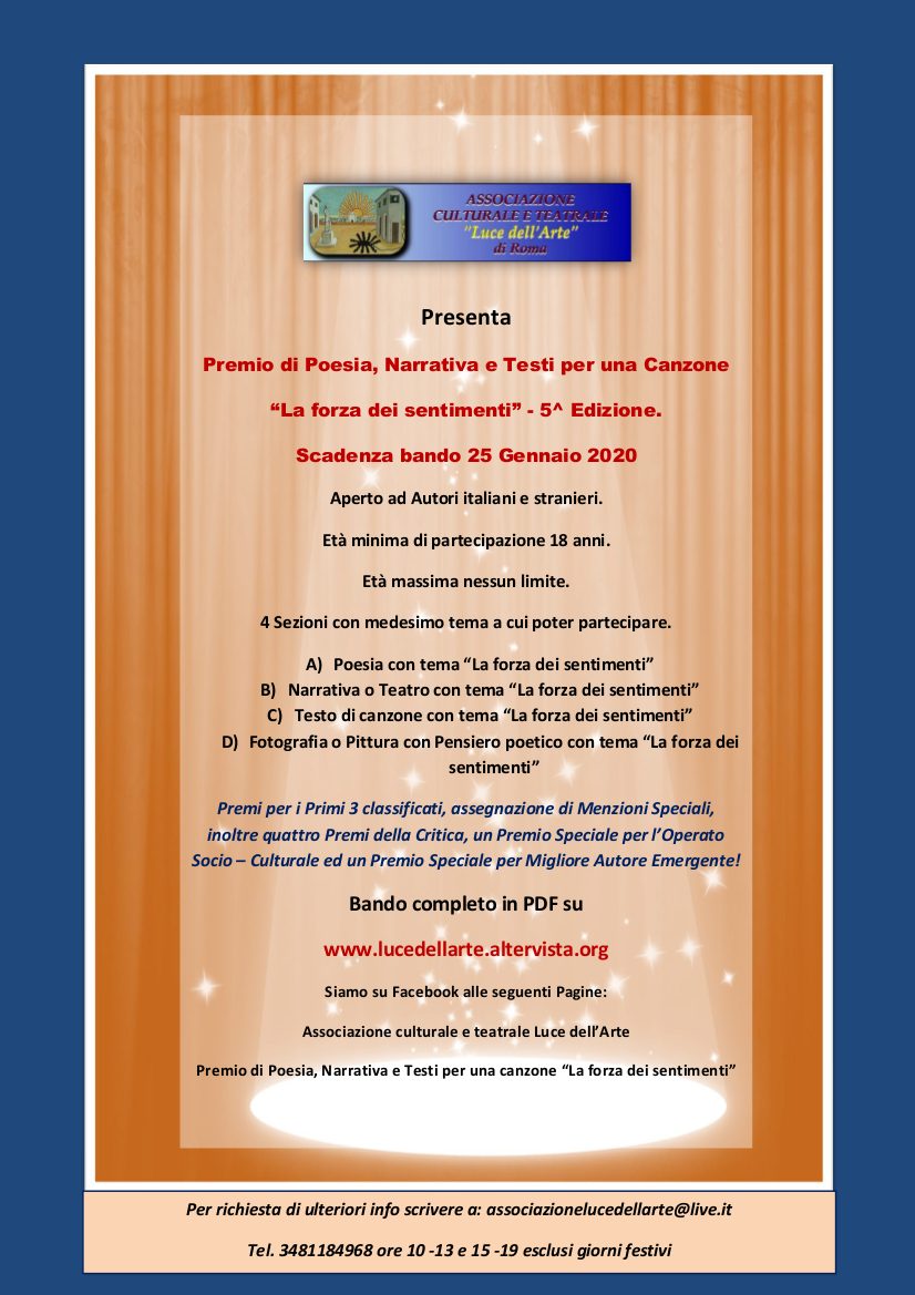 5 Edizione Del Premio Di Poesia Narrativa E Testi Per Una Canzone La Forza Dei Sentimenti Sezioni Aggiunte Teatro E Fotografia Pittura Con Pensiero Poetico Concorsiletterari Net