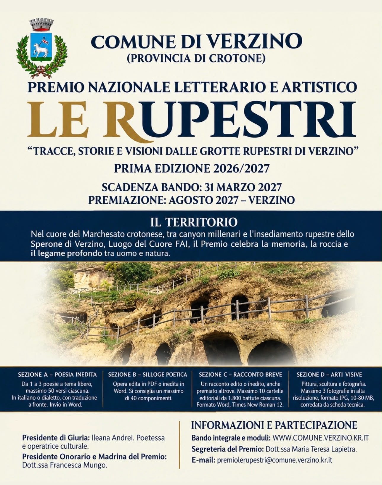 Premio Nazionale Letterario e Artistico Le Rupestri-Tracce, Storie e Visioni dalle Grotte Rupestri di Verzino- Prima Edizione 2026-2027