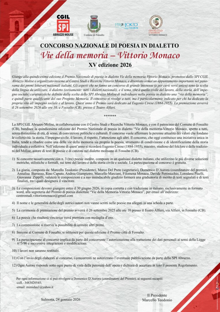 Premio nazionale di poesia on dialetto VIE DELLA MEMORIA – VITTORIO MONACOTORIOM