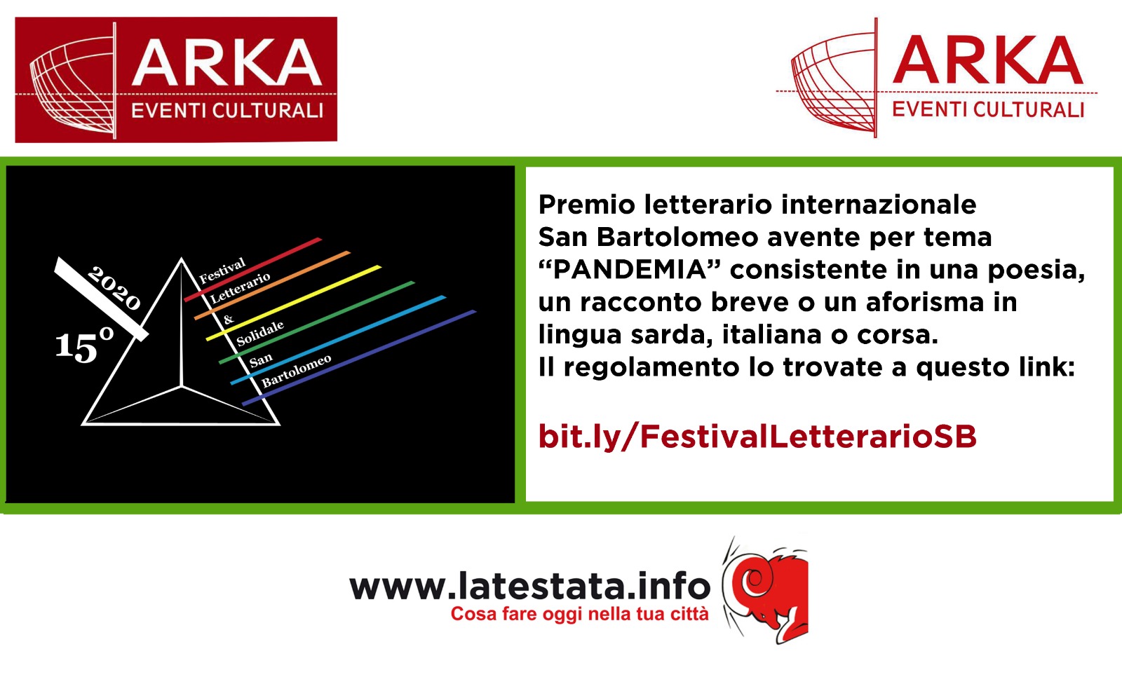 12° Premio Letterario Internazionale San Bartolomeo 2020 (tema: PANDEMIA): poesia, racconti brevi e aforismi in lingua sarda, corsa, italiana, casteddaia