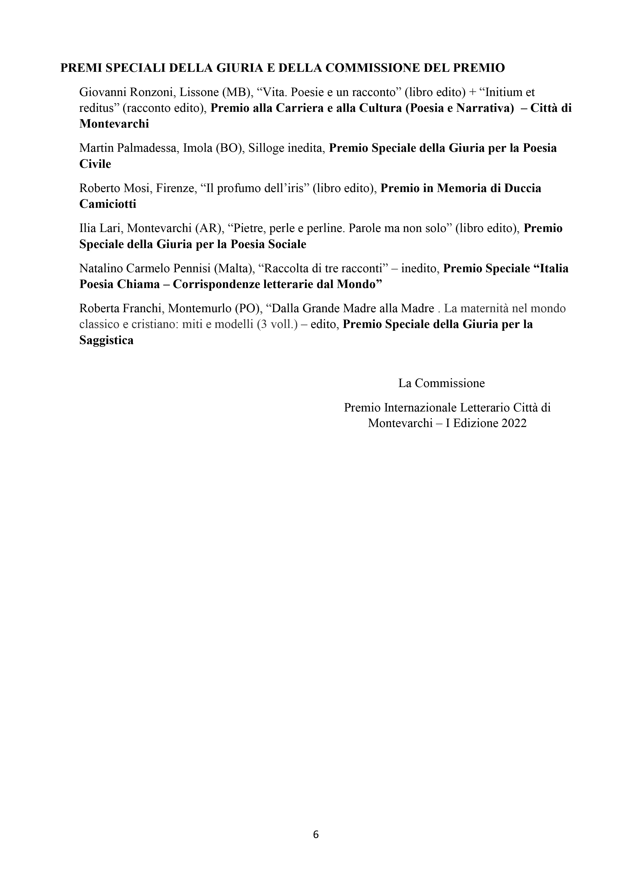 Risultati Premio Letterario Città di Montevarchi – I Edizione 2022