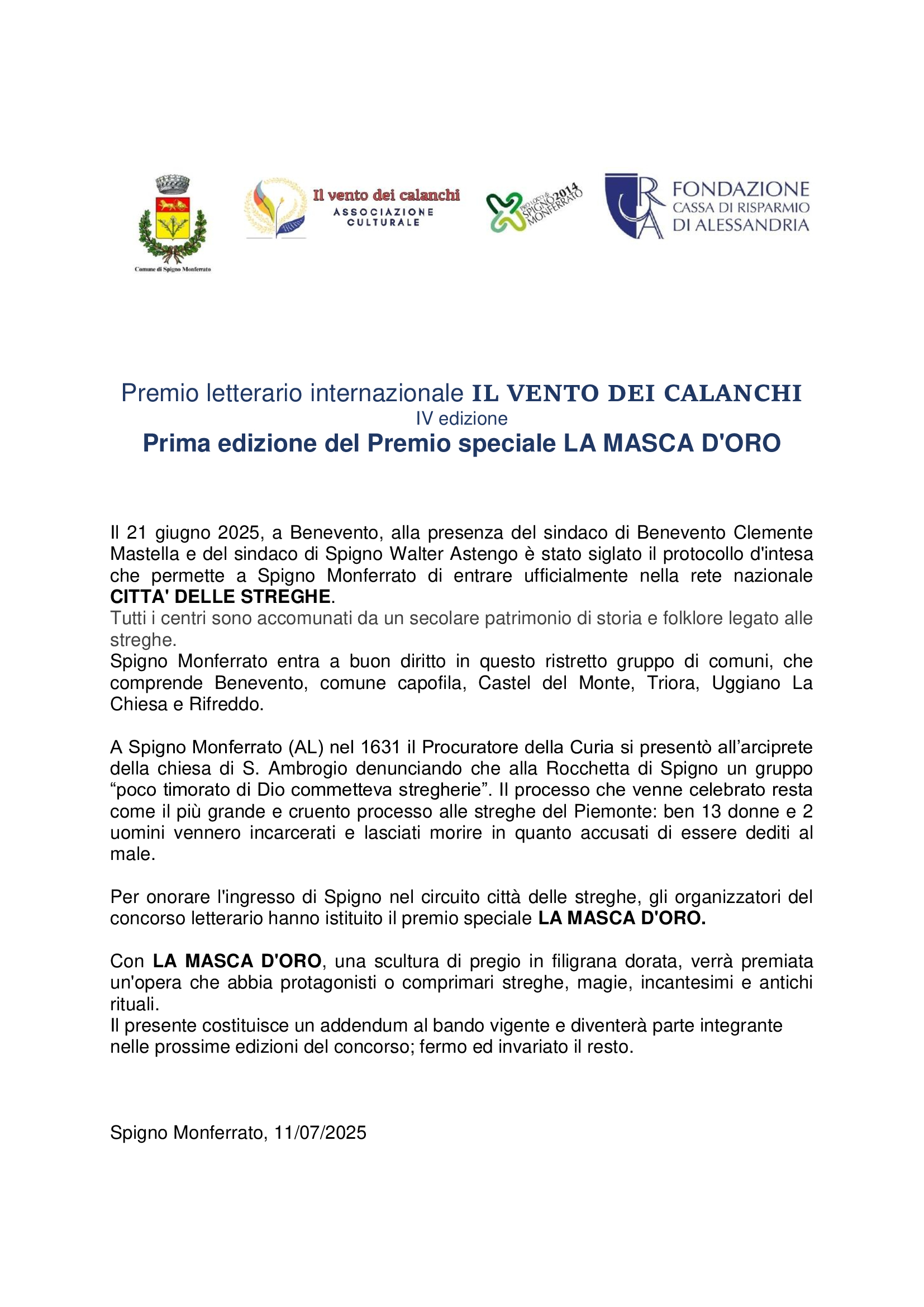 COMUNICATO STAMPA E SOCIAL: istituzione della prima edizione del premio LA MASCA D'ORO