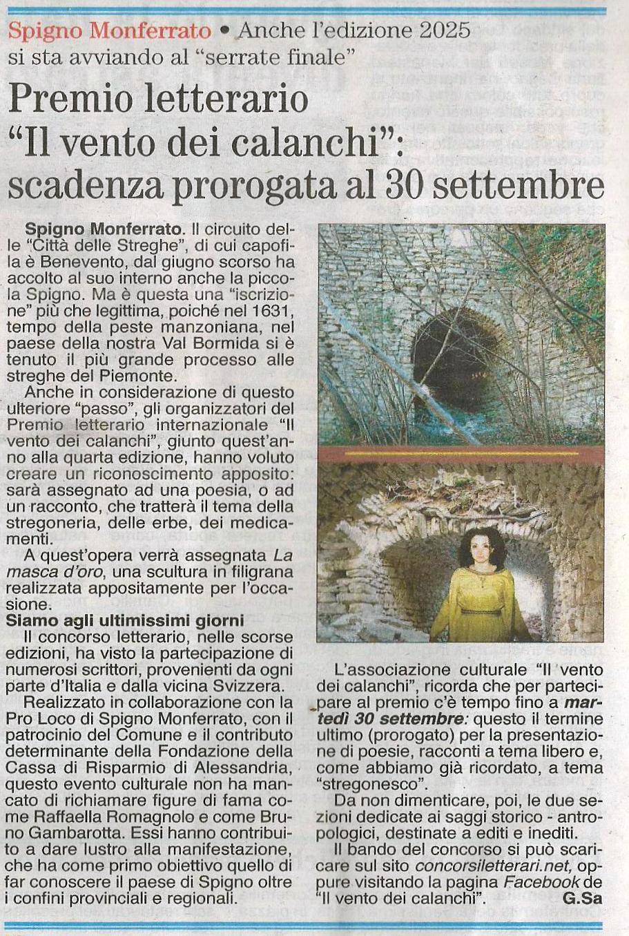 PREMIO LETTERARIO "IL VENTO DEI CALANCHI" scadenza prorogata al 30 settembre – settimanale L'ANCORA