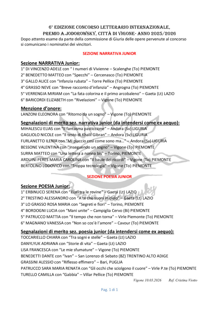 CLASSIFICA AUTORI 6° edizione 2025/2026 CONCORSO LETTERARIO NAZIONALE: PREMIO ALEJANDRO JODOROWSKY, Città di Vigone