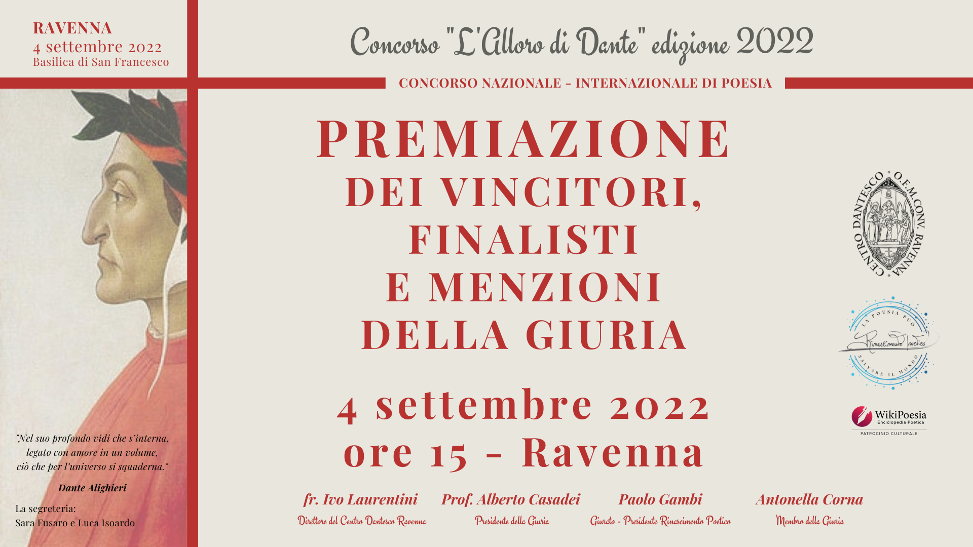 Annuncio finalisti Premio Letterario Internazionale “L’Alloro di Dante” 2022
