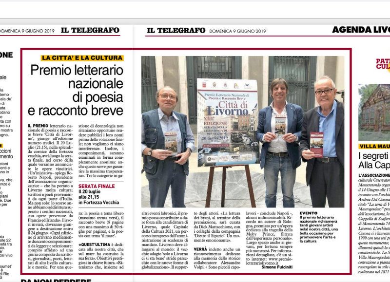 Il Premio di Poesia e Racconto Breve Città di Livorno sul Tirreno e sul Telegrafo del 9 giugno 2019